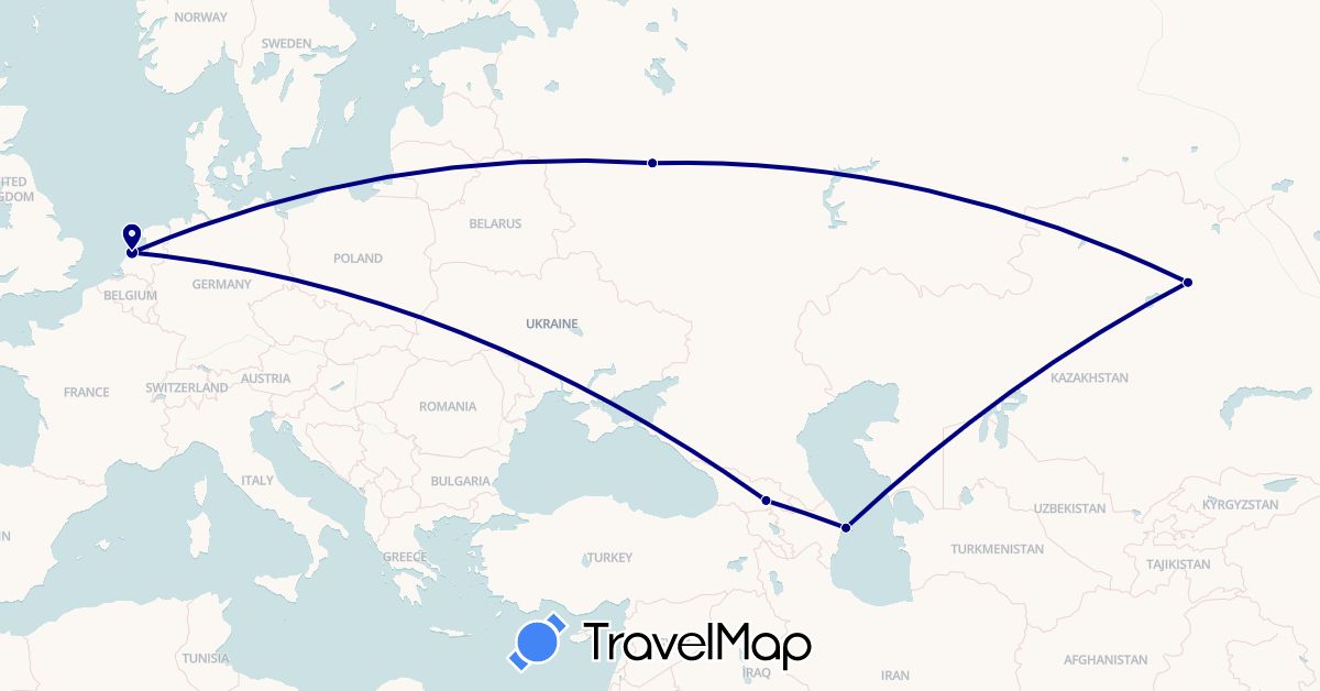TravelMap itinerary: driving in Azerbaijan, Georgia, Kazakhstan, Netherlands, Russia (Asia, Europe)